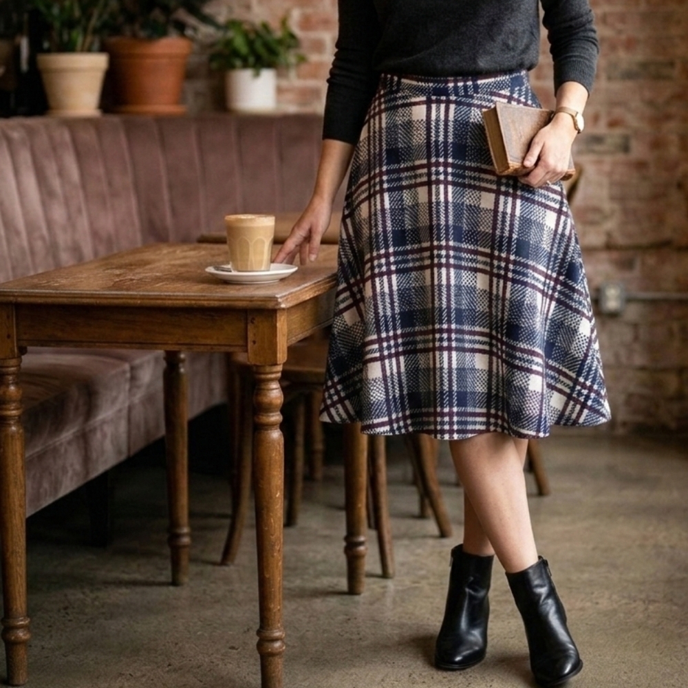 Lara Fashion‎ Plaid A-Line Midi Skirt In Navy White Red, Size Large